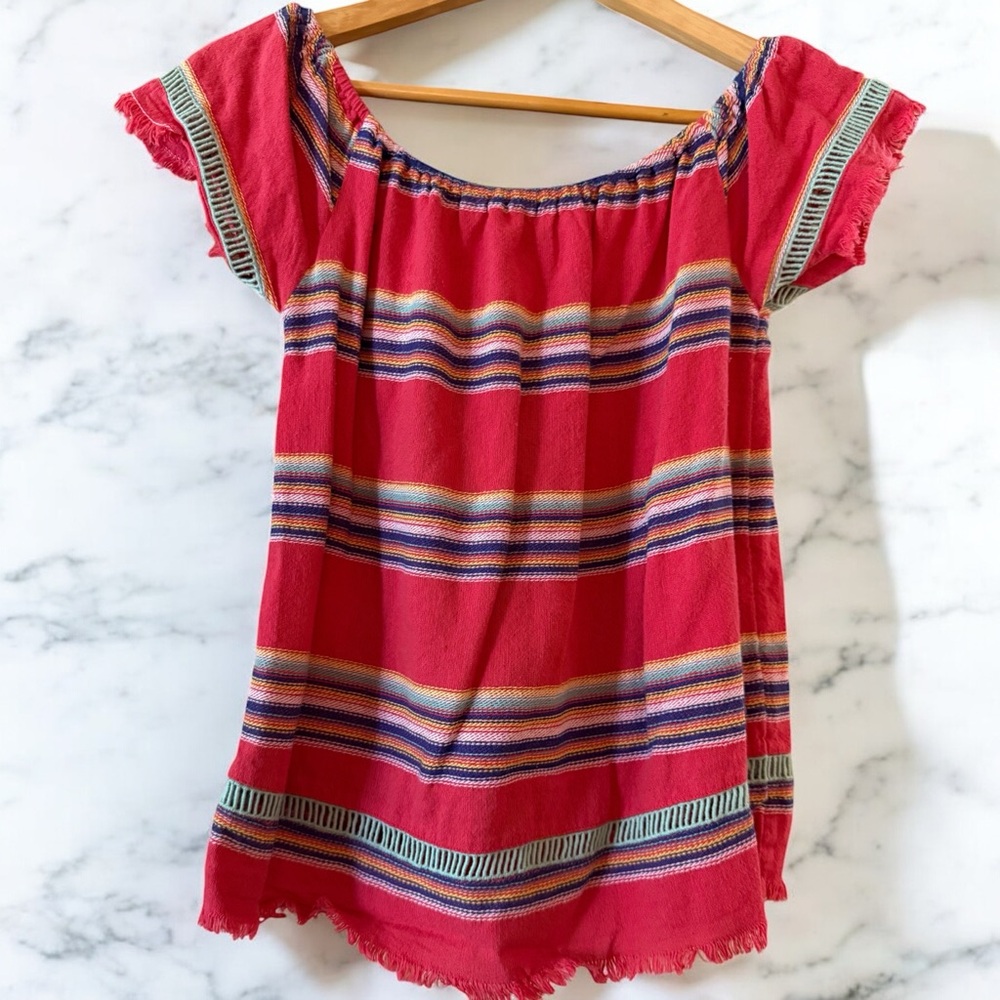 Red Relaxed Off-the-shoulder Flutter Sleeve Blouse with fringed hem